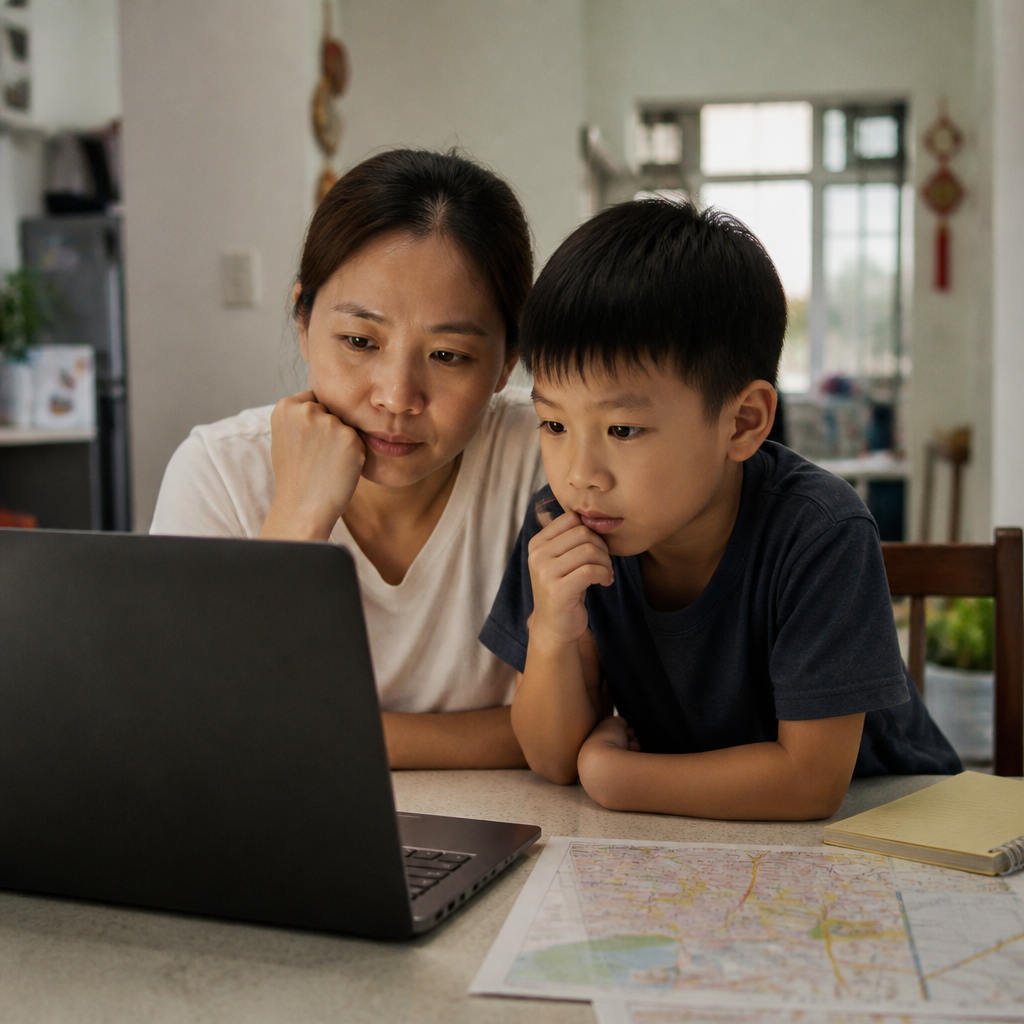A Singapore parent and child reviewing primary school distance details together at home.