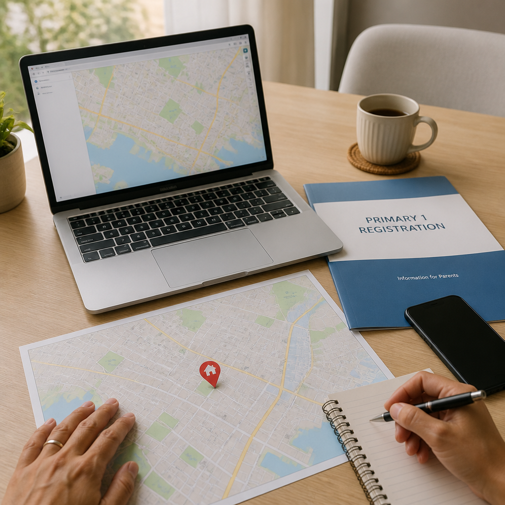 A parent-friendly setup for checking primary school distance in Singapore with maps and school documents.