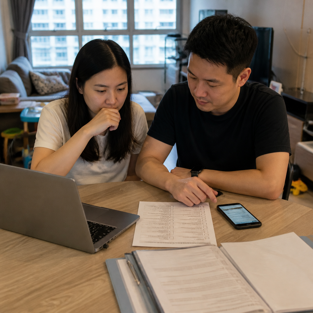 First-time parents reviewing Primary 1 registration details at home in Singapore.
