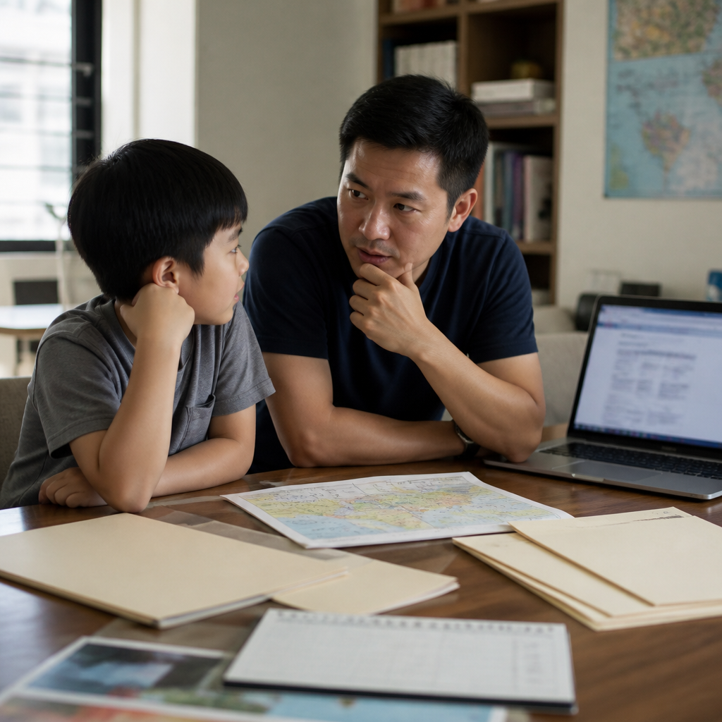 Parent and child comparing Primary 1 school options with a practical planning setup.