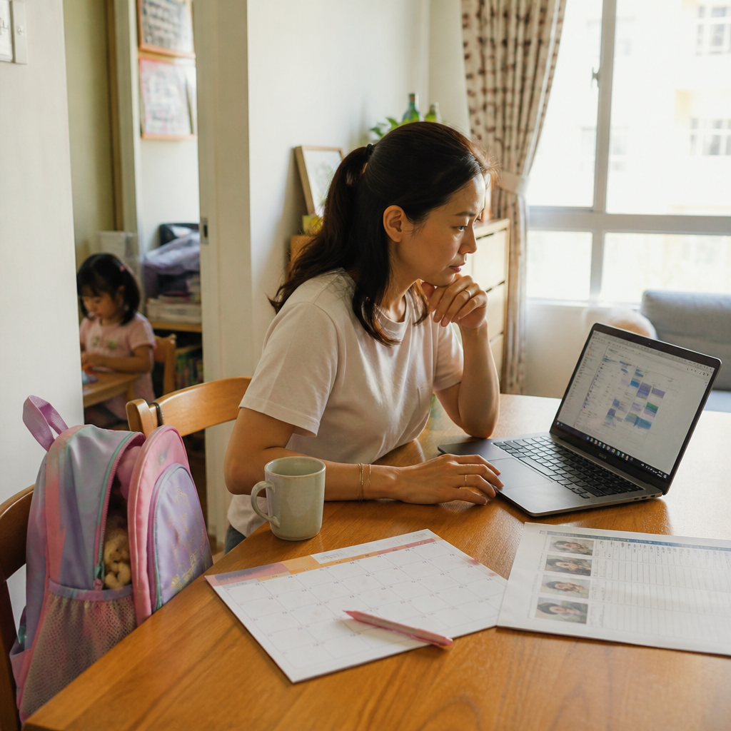 A Singapore parent planning Primary 1 registration with a calendar and school shortlist at home.
