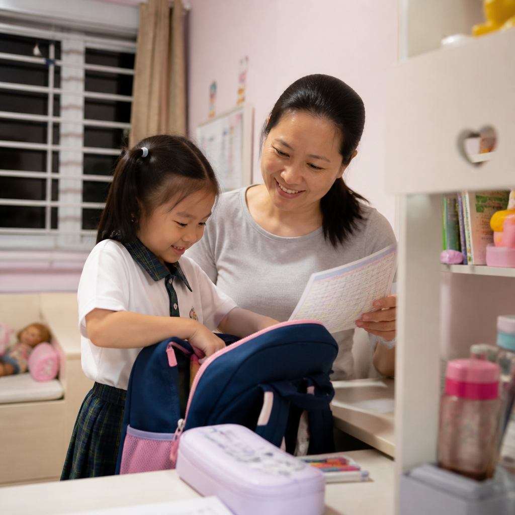 A parent helping a child prepare for the Primary 1 transition in Singapore.