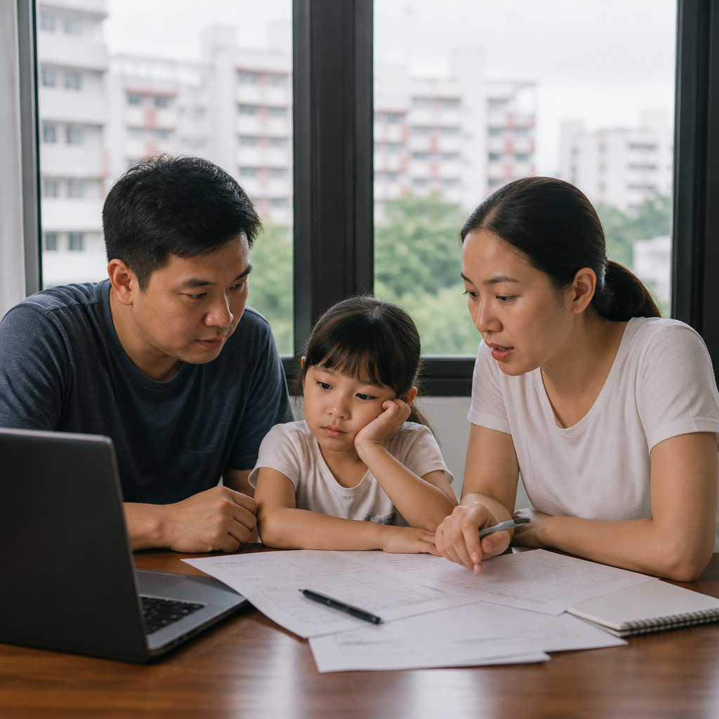 Singapore parents reviewing Primary 1 school options and ballot chances at home.