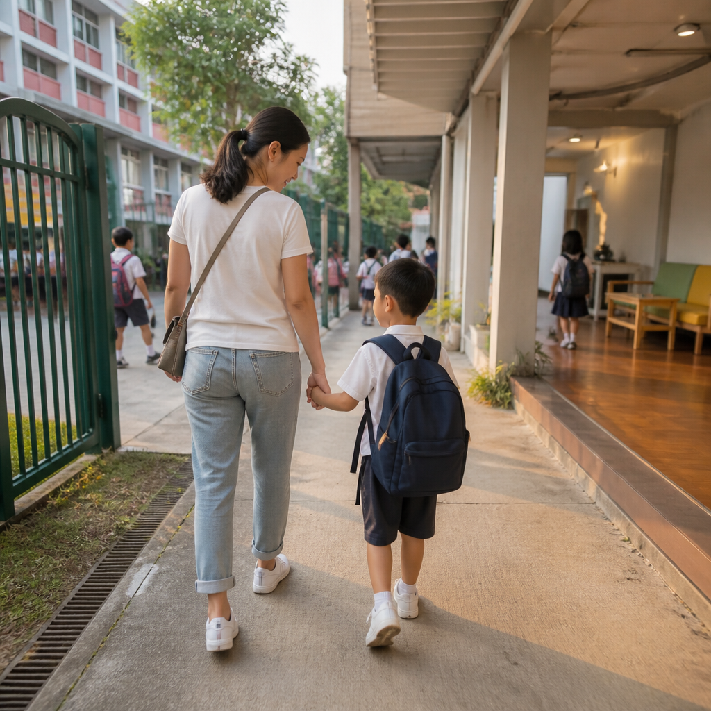 A school-based student care setting in Singapore showing the convenience of a nearby after-school centre.