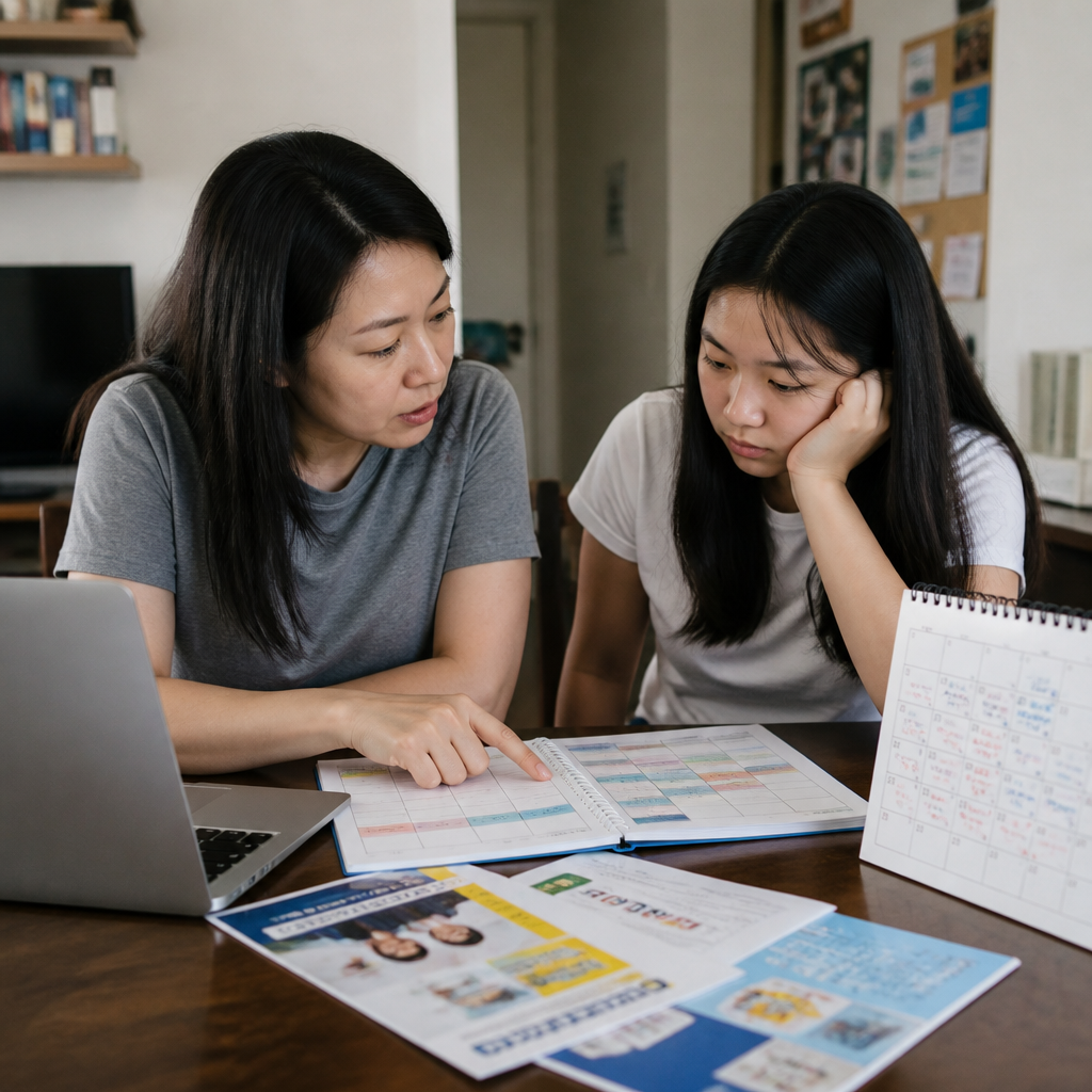 A Singapore parent and student reviewing a packed weekly schedule with school, tuition, and CCA commitments.