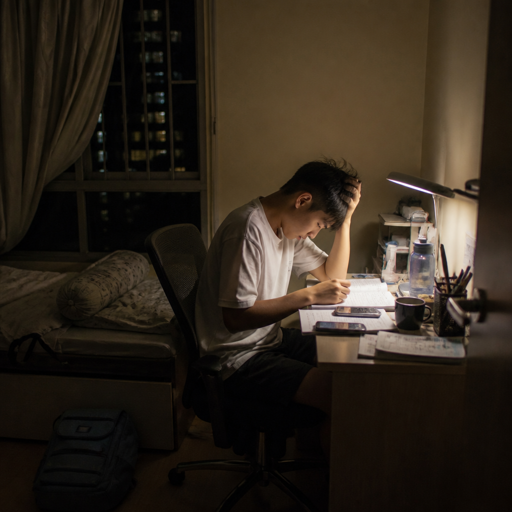 A tired Singapore student rushing through late-night homework after a packed day of school and tuition.