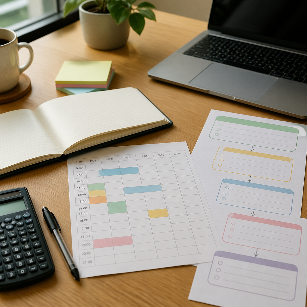 A project planning desk with calendar blocks and notes for managing school project deadlines.