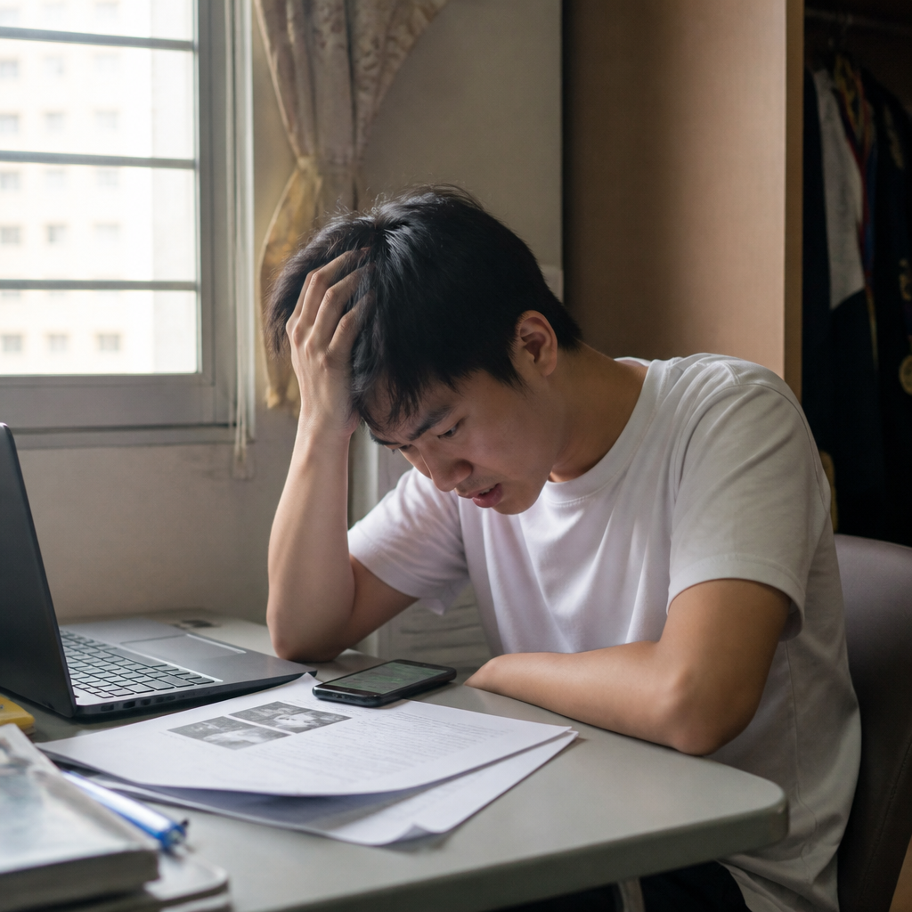 A Singapore student feeling overwhelmed at a study corner while trying to start a school project.