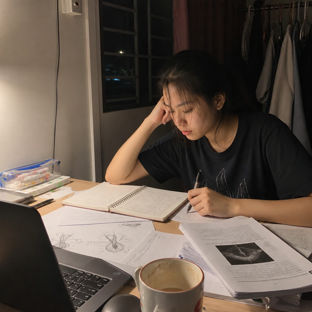 A JC student studying science and GP materials at a desk, reflecting the heavy workload of junior college revision.