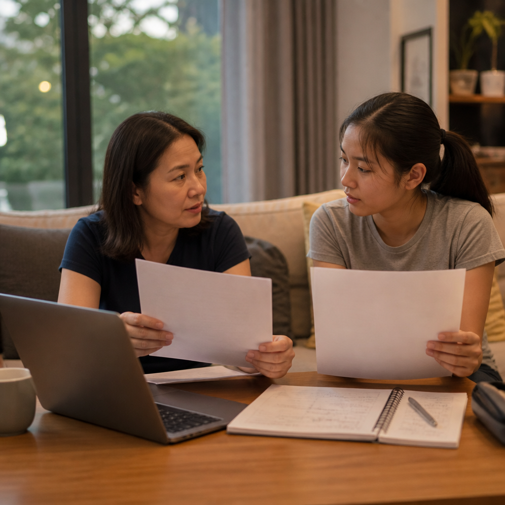A parent and teen reviewing JC subject choices and future pathways in Singapore.