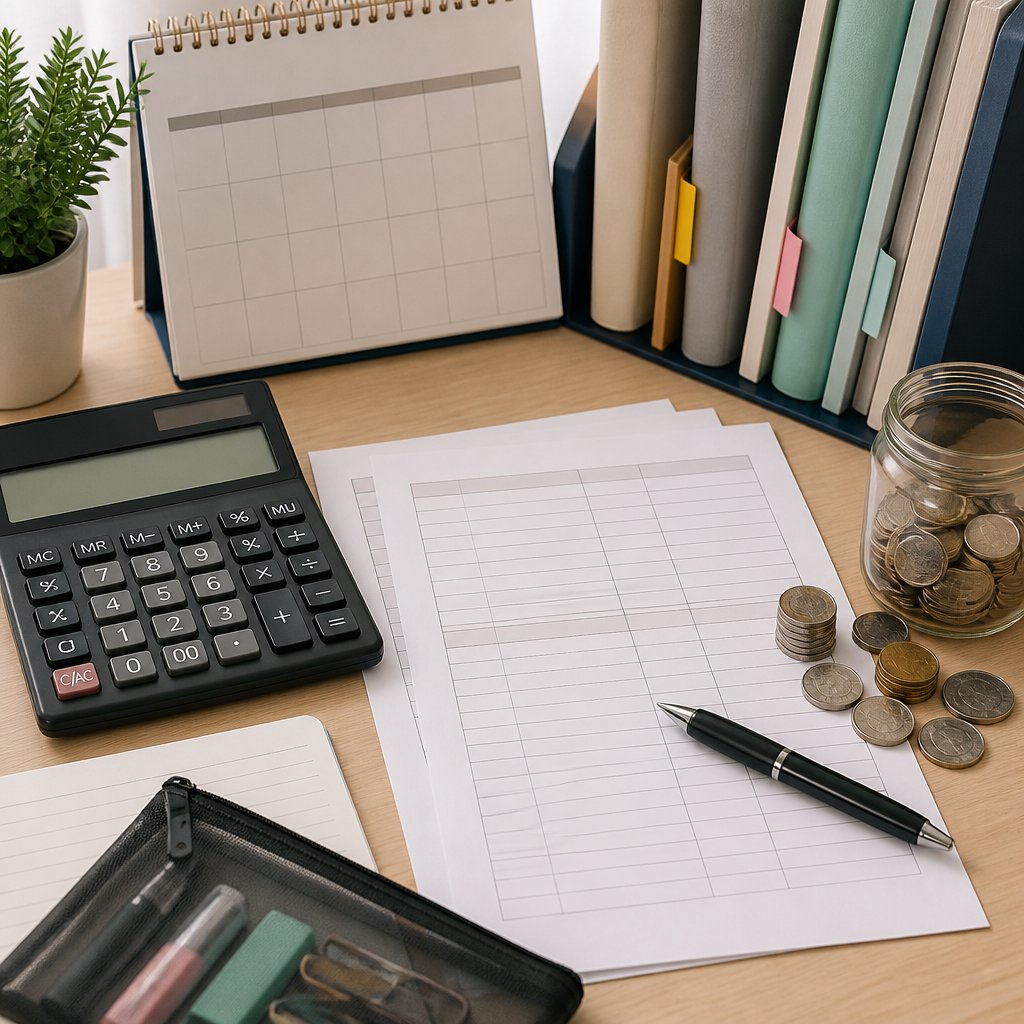 A budgeting still life for comparing student care fees, subsidies, and yearly out-of-pocket costs in Singapore.