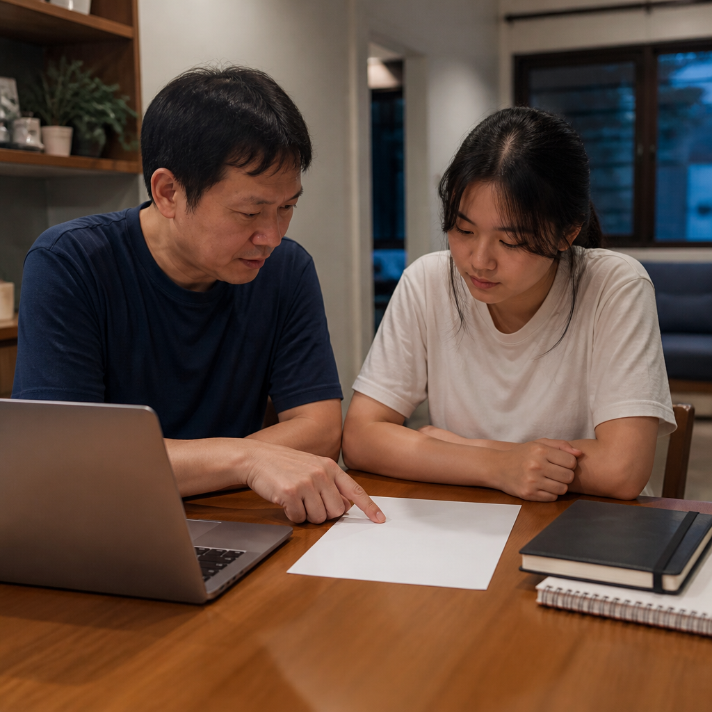 Singapore parents and a teenager discussing H1 and H2 subject choices for JC after O-Levels.