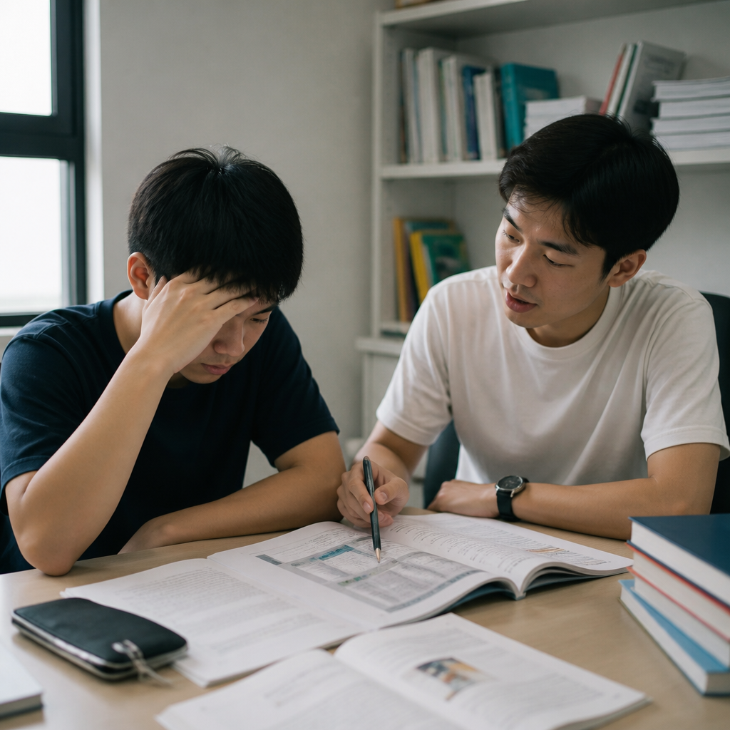 A tutor helping a JC student manage H1 and H2 subject demands and study planning.