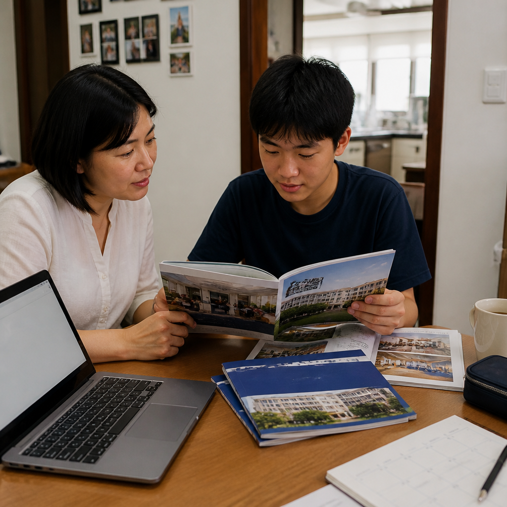 A Singapore parent and teen reviewing junior college admissions and post-O-Level options at home.
