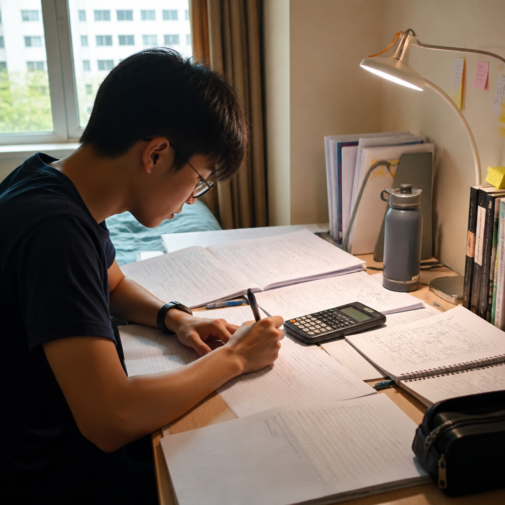 A JC student revising A-Level subjects at a desk, showing the heavier workload after O-Levels.