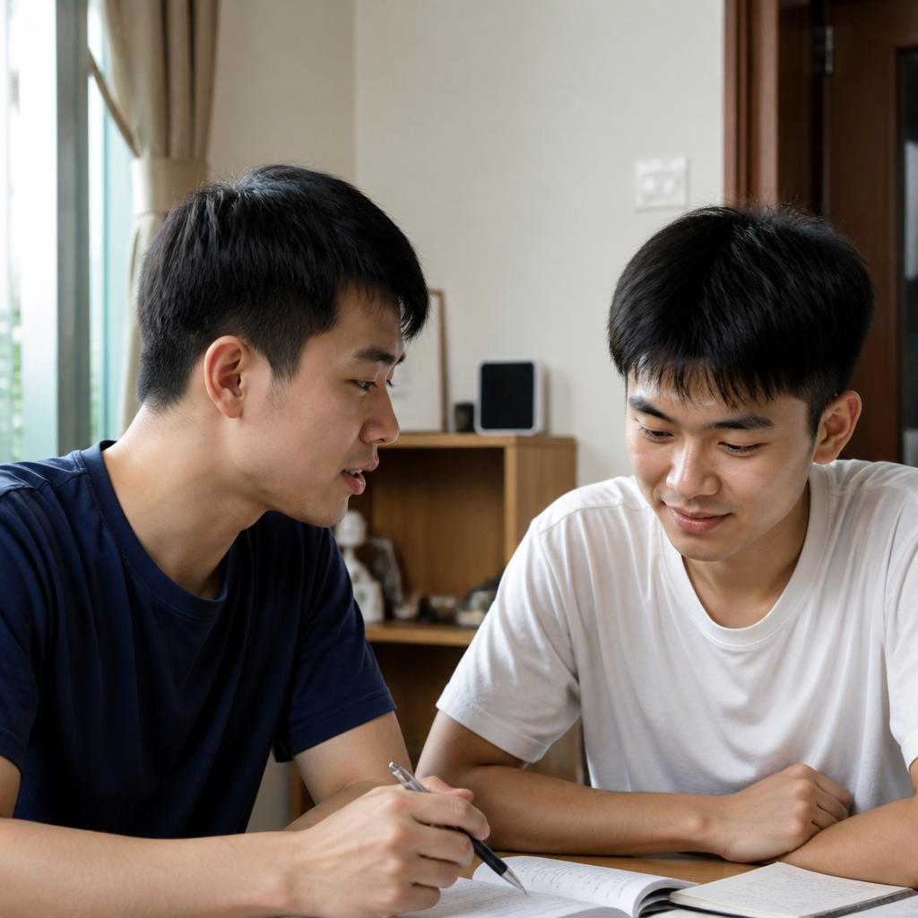 A tutor helping a JC student build confidence with A-Level subjects in a calm study setting.