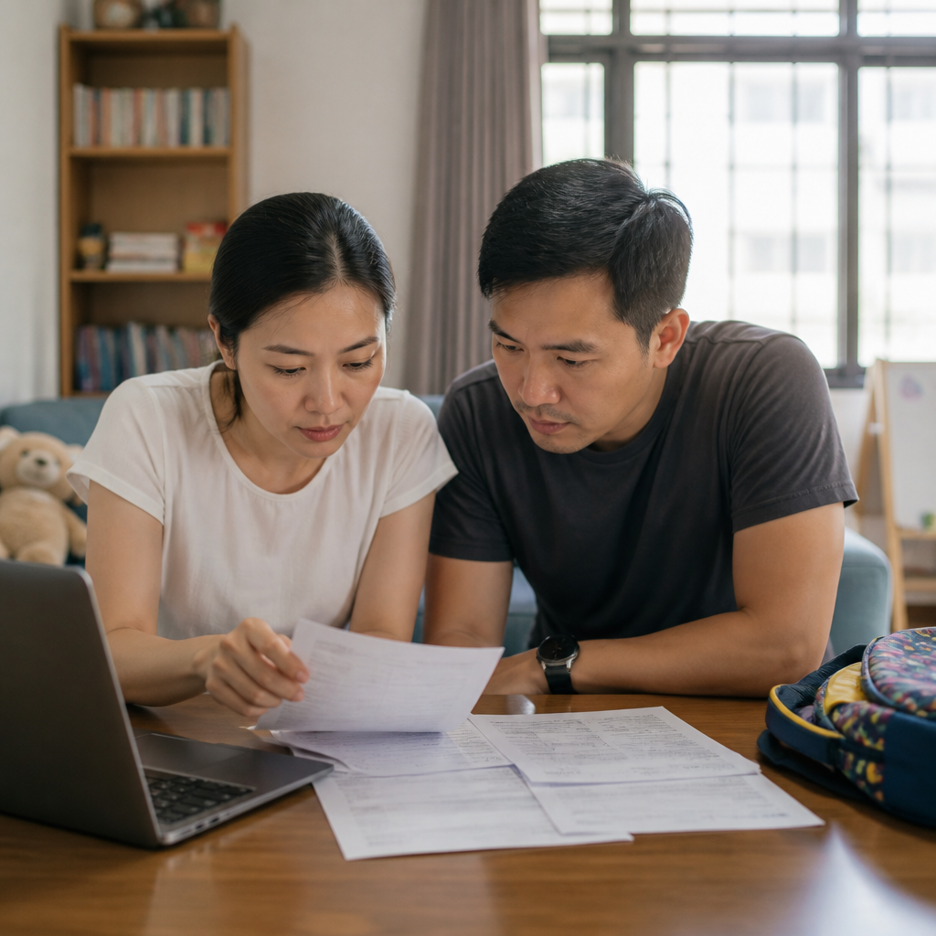 Singapore parents reviewing MOE Kindergarten fees and other preschool costs at home.
