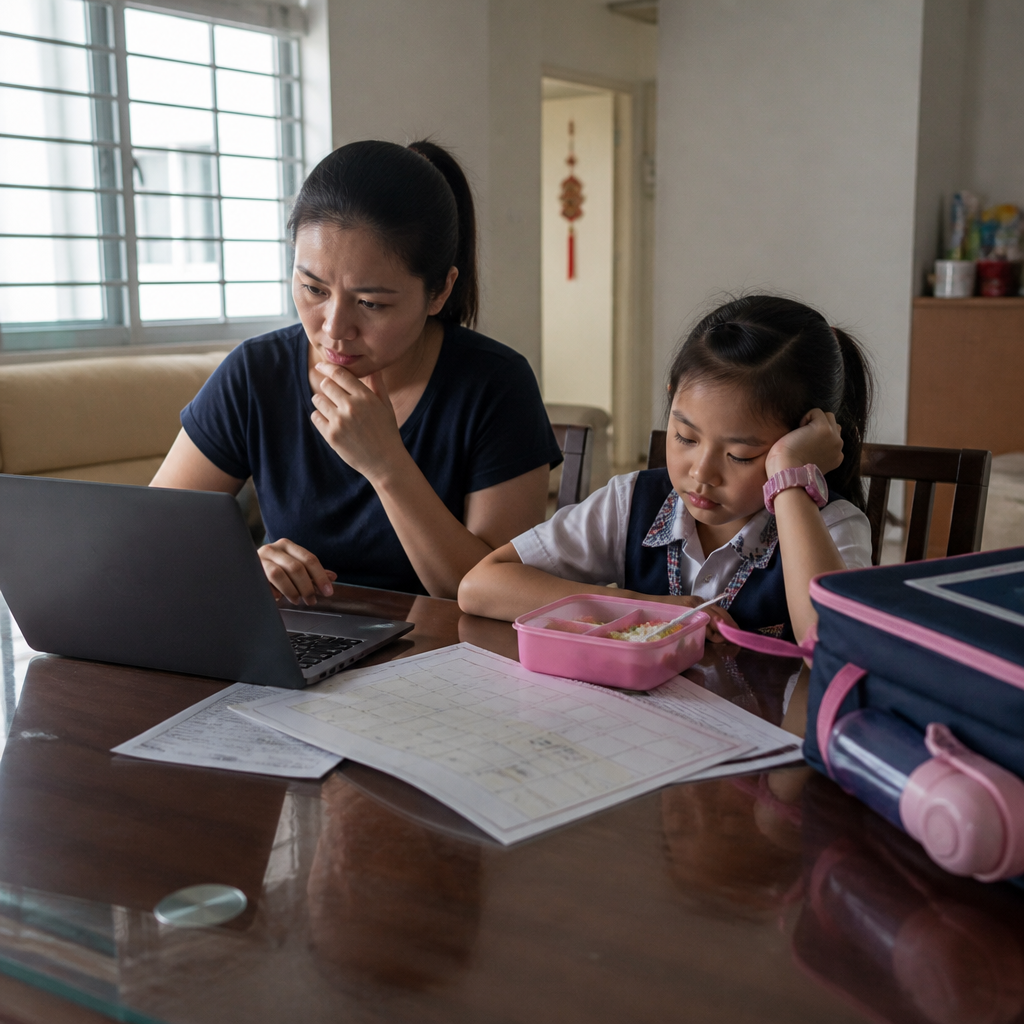 A Singapore parent planning student care costs with a tired primary school child at home.