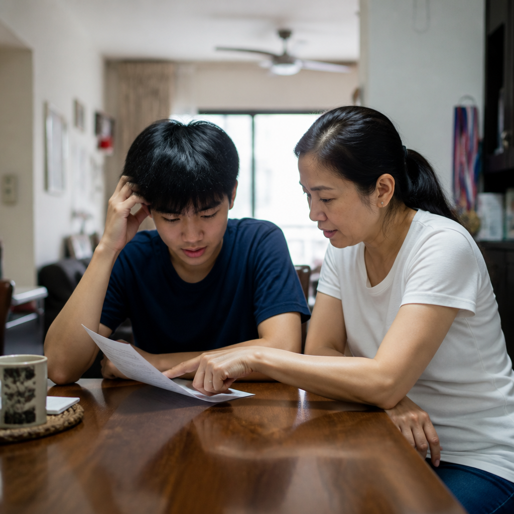 A Singapore parent and student discussing O-Level results and a single failed subject at home.