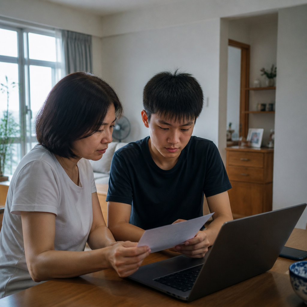 Singapore parent and teenager reviewing O-Level results and post-secondary options after a difficult results day.