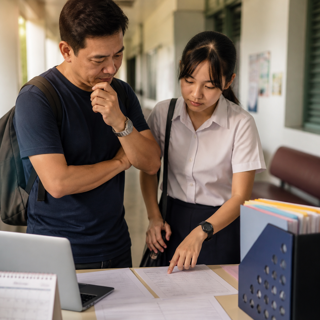 A student and parent comparing Singapore post-secondary pathways after weak O-Level results.