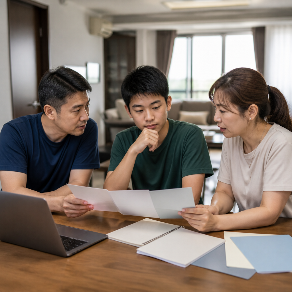 Singapore parents and a Secondary 4 student discussing polytechnic versus JC options after O-Level results.