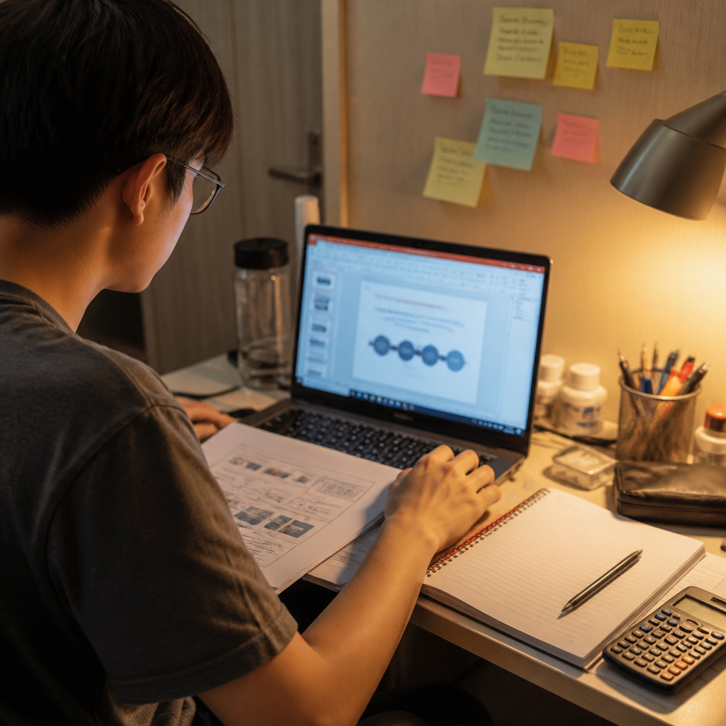 A polytechnic student preparing a project and presentation for a semester module.
