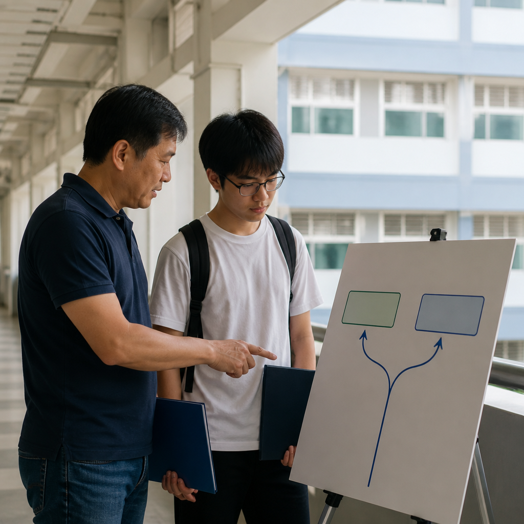 A parent and teenager considering the right post-secondary pathway in Singapore.