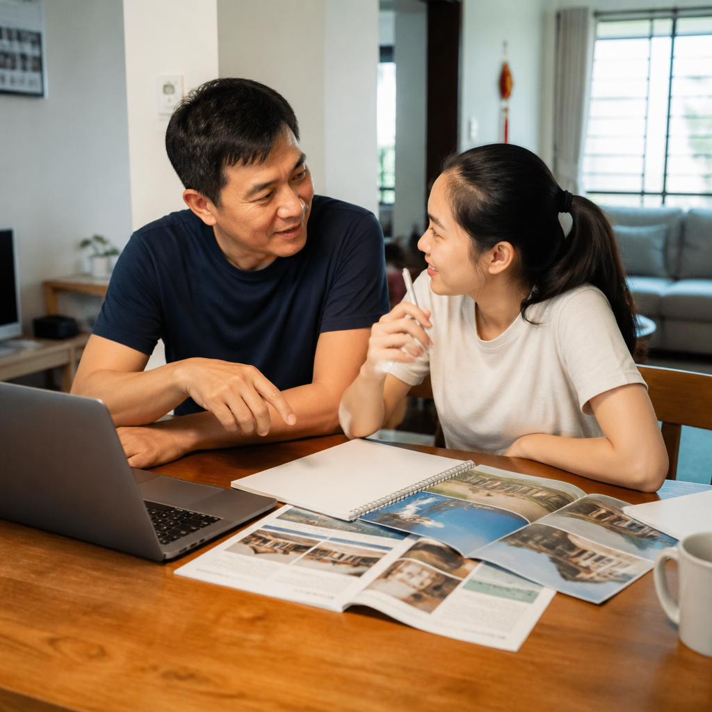 A Singapore parent and poly student planning university options together at home.