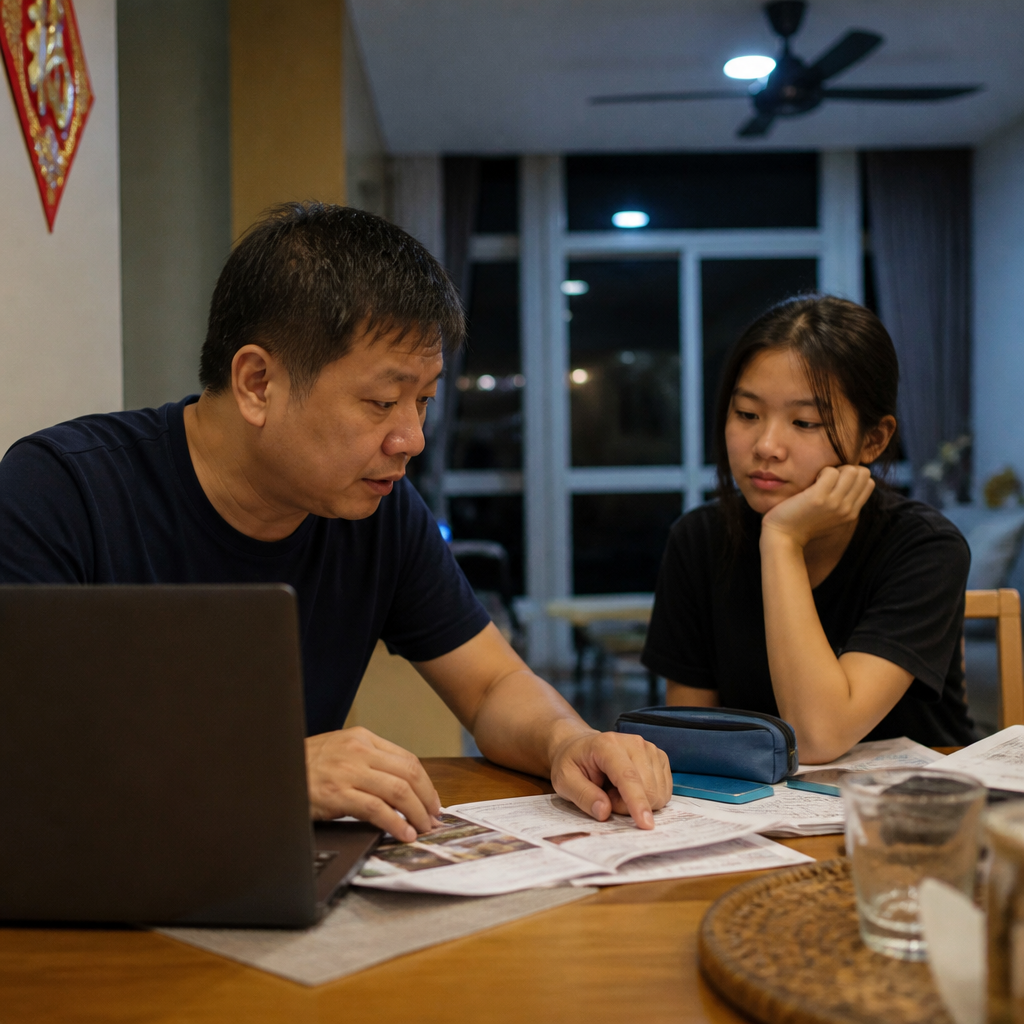 A Singapore parent and teen reviewing post-secondary education options at home.