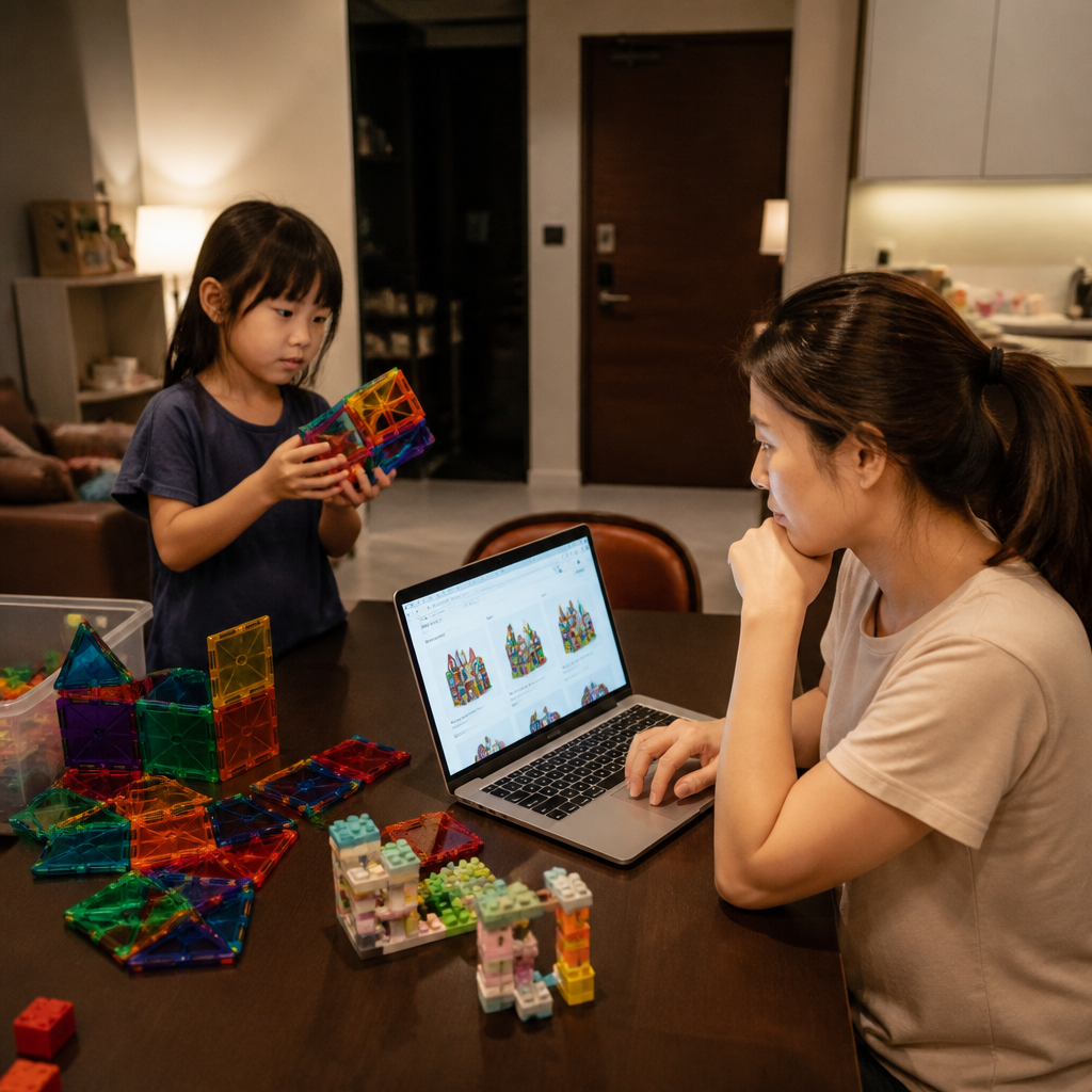A Singapore parent compares educational building toys online at home while planning a smart purchase for a child.