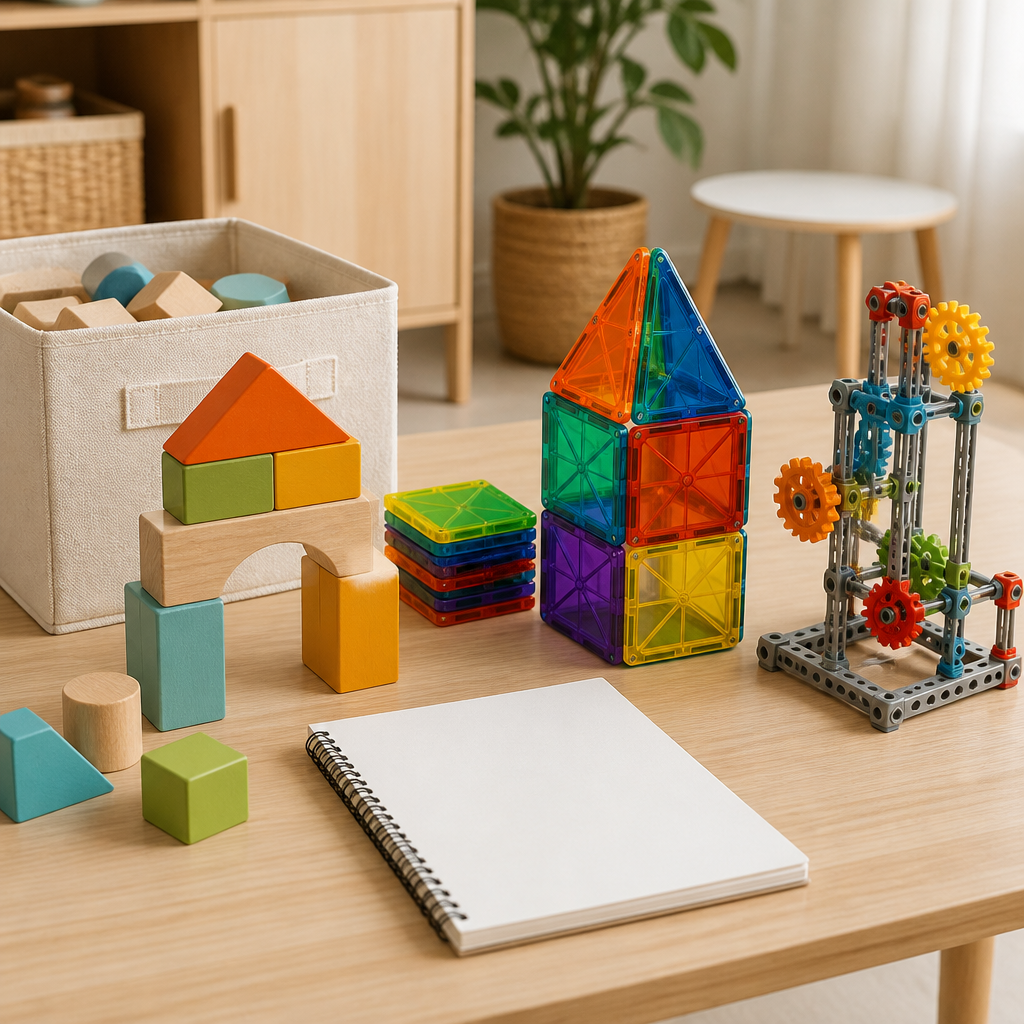 A mix of open-ended educational building toys, including blocks, magnetic tiles, and an engineering kit, arranged to show durable learning play options.