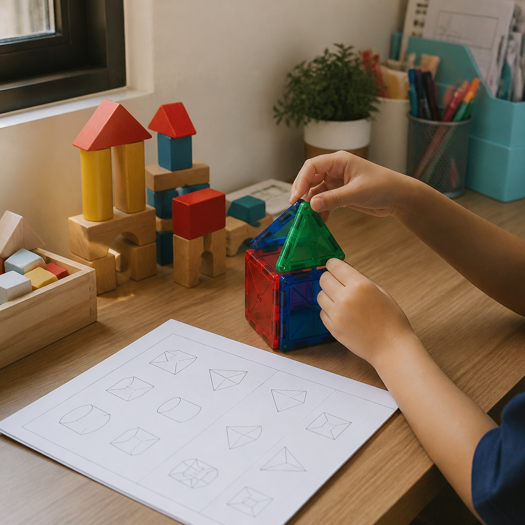 A child builds with magnetic tiles and blocks, showing how educational building toys support spatial reasoning and problem-solving at home.