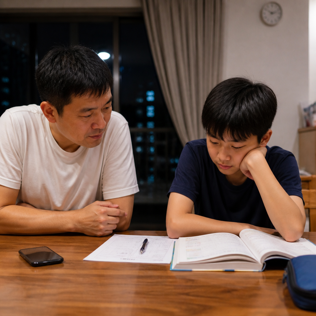 A Singapore parent and secondary school student discuss screen time boundaries during homework time.
