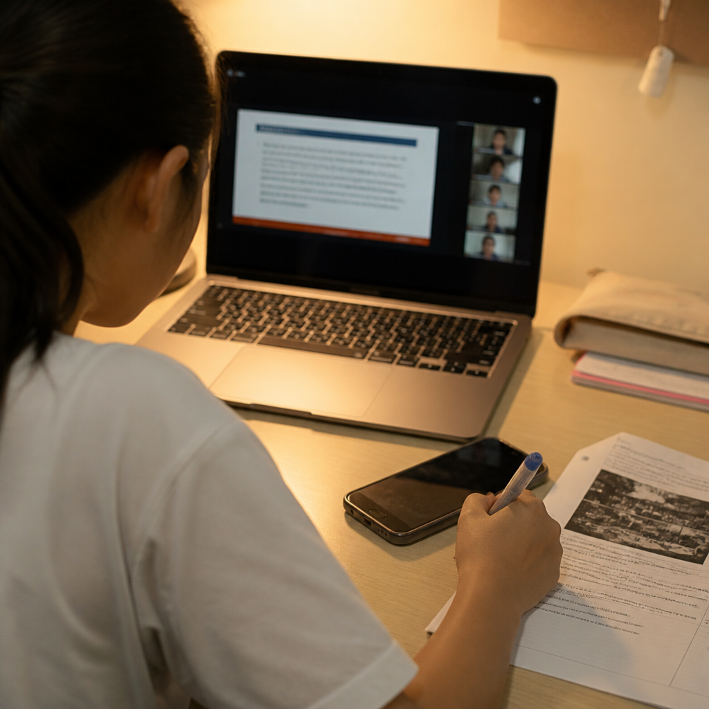 A secondary school student uses digital learning tools while keeping distractions out of reach.