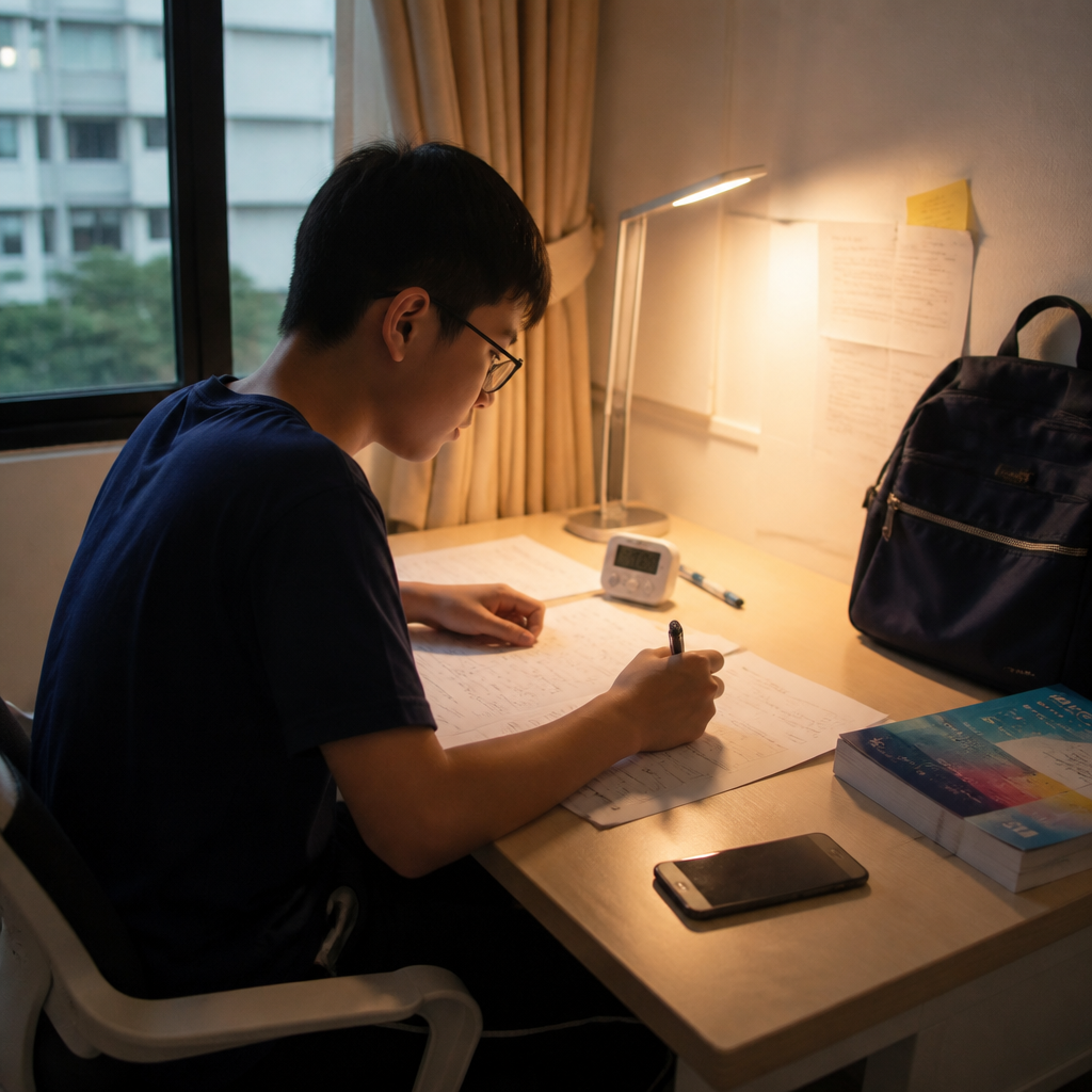 A focused study desk setup shows how students can reduce screen time during exam preparation.