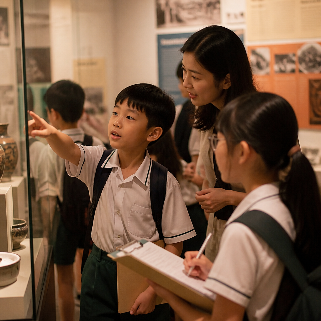 Primary school students learning through observation and discussion during a museum learning journey in Singapore.