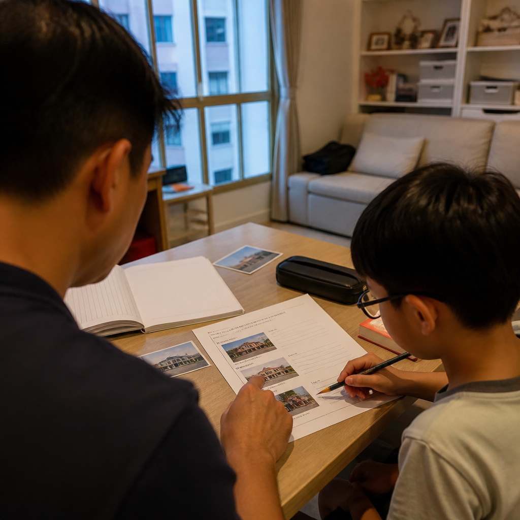 A parent helping a child reflect on a Singapore learning journey at a home study desk.
