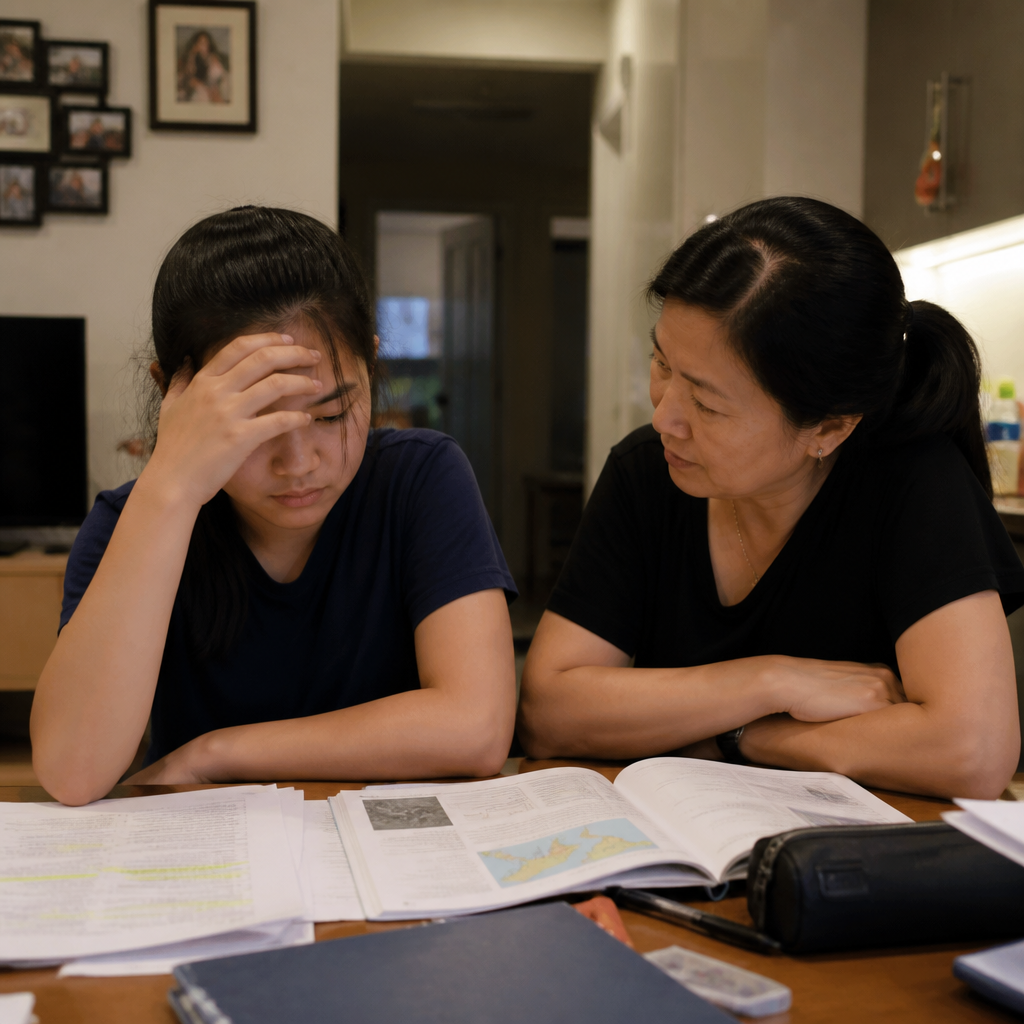 A Singapore parent supporting a child who is struggling with Geography revision at home.