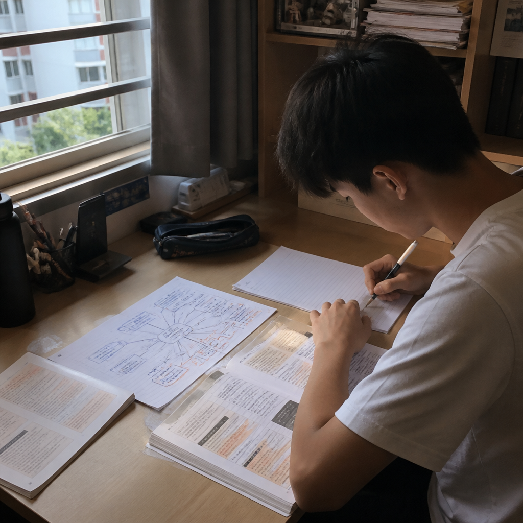 A secondary school student revising History with topic maps and timeline notes at a Singapore study desk.