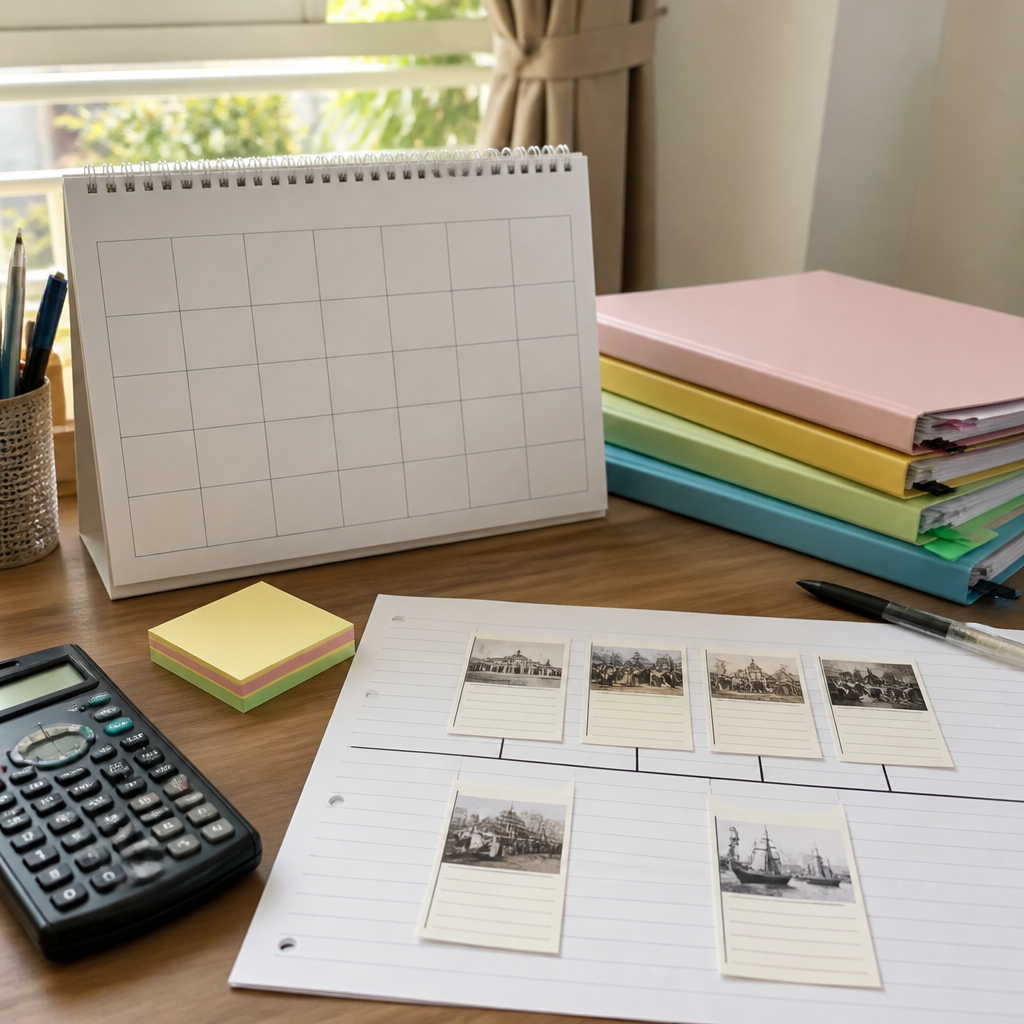 A calm study still life showing History revision materials, timelines, and planning tools.