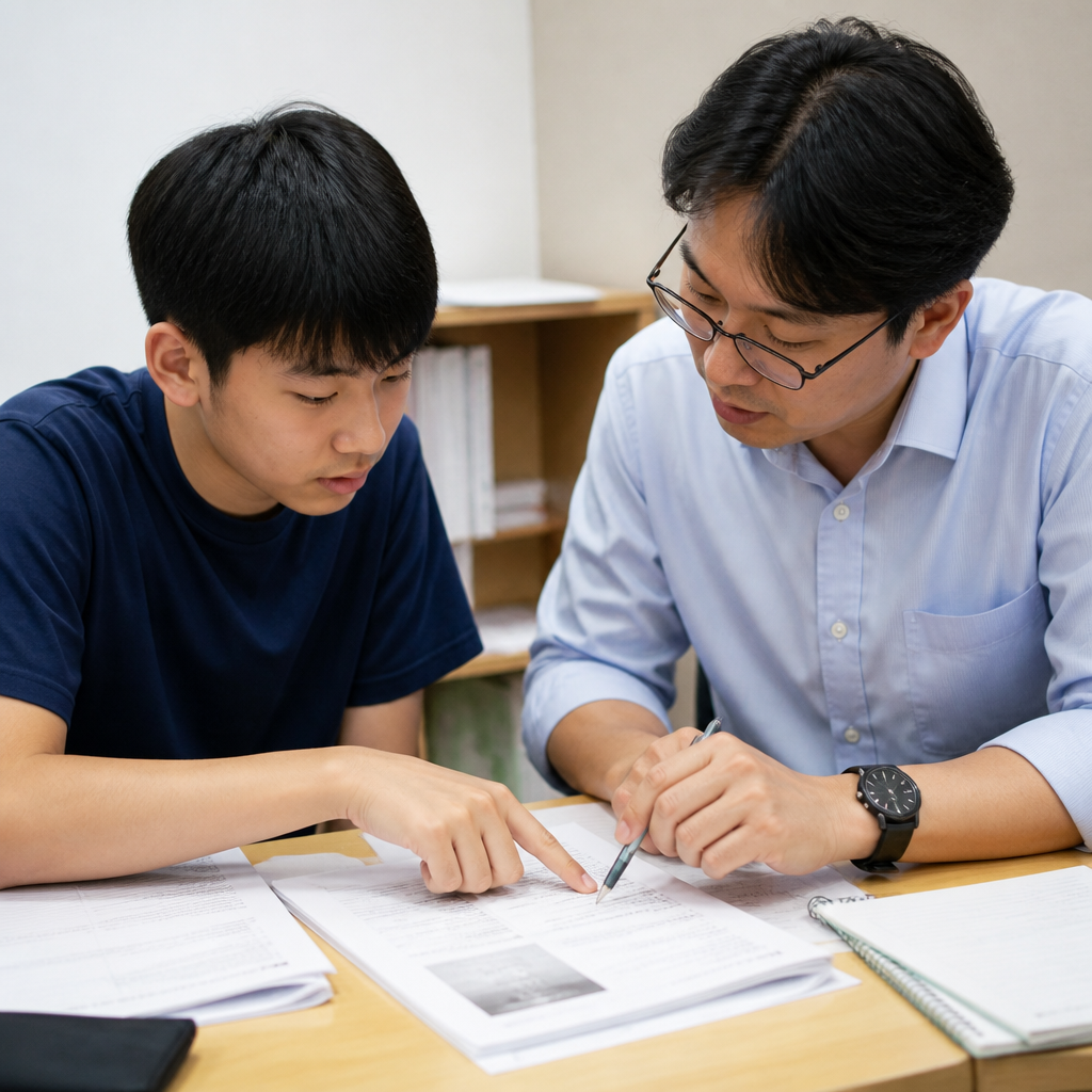 A tutor helping a secondary student practise History source-based questions in Singapore.