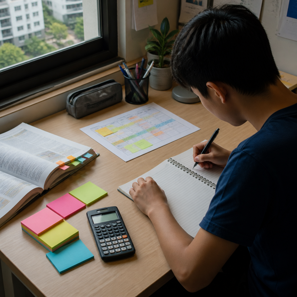 An IB student works through planning and organisation at a study desk with assignment materials and a timetable.