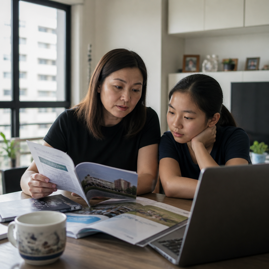 A Singapore parent reviews IB school options with a child at home while considering whether the curriculum will suit them.