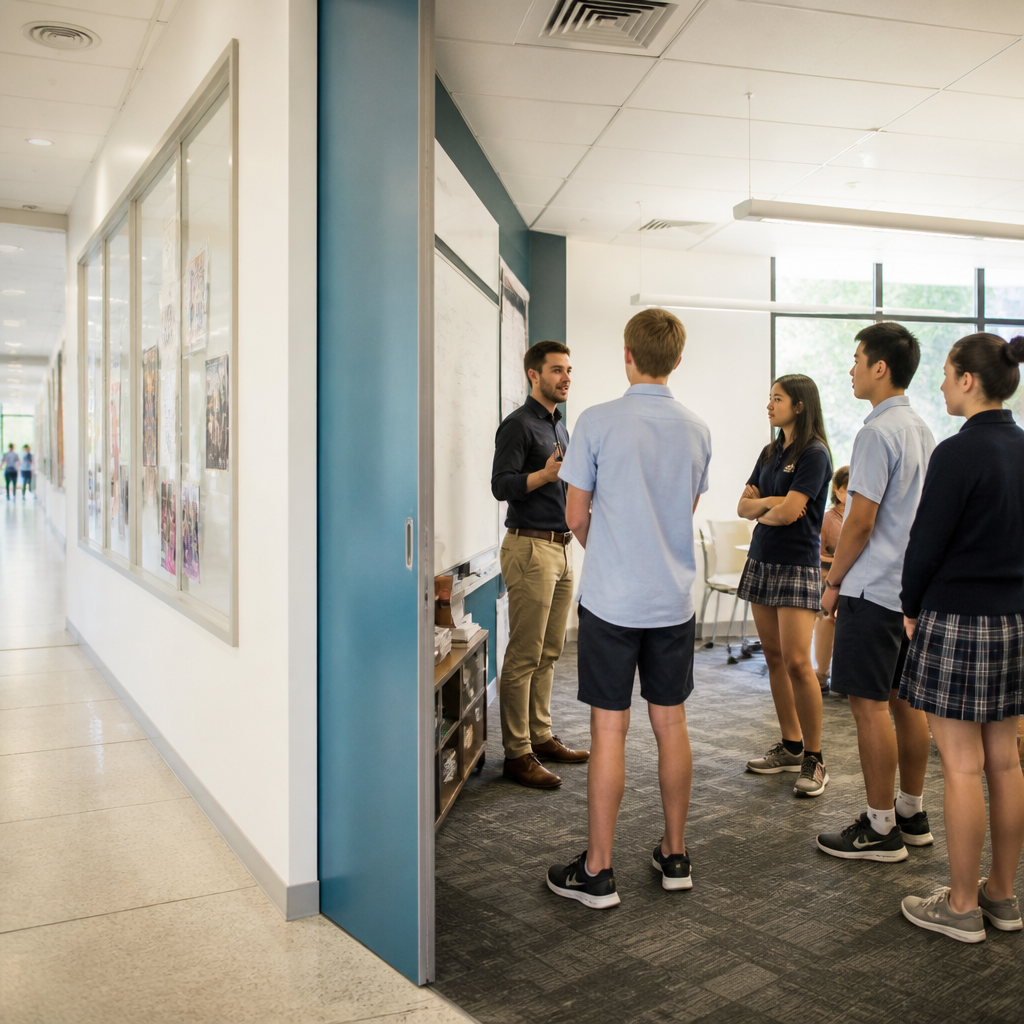 Students and a teacher in a Singapore international school classroom reflect the IB curriculum’s inquiry-based learning style.