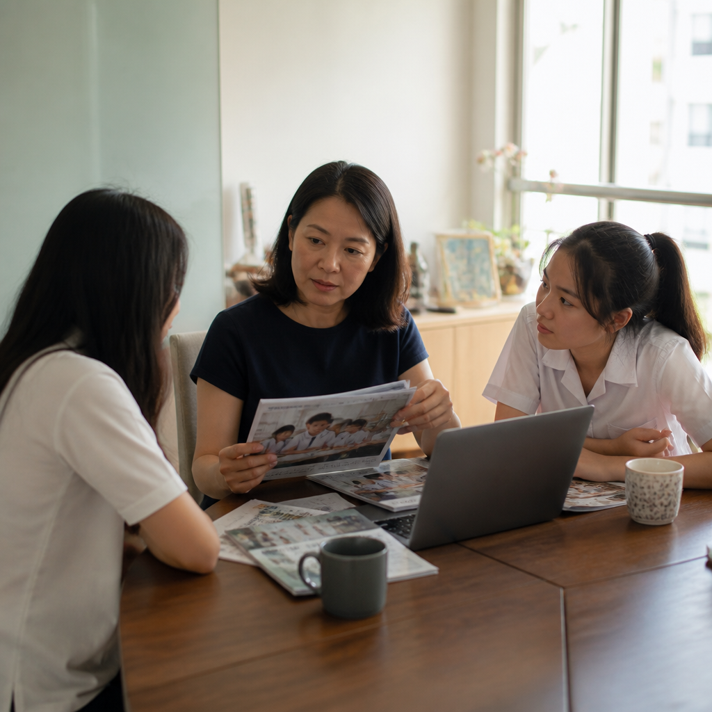 A Singapore parent and child reviewing IGCSE school options at home.