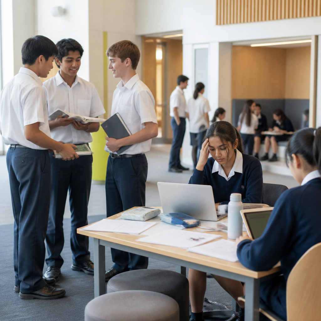 Secondary students in a Singapore international school environment discussing lessons and coursework.