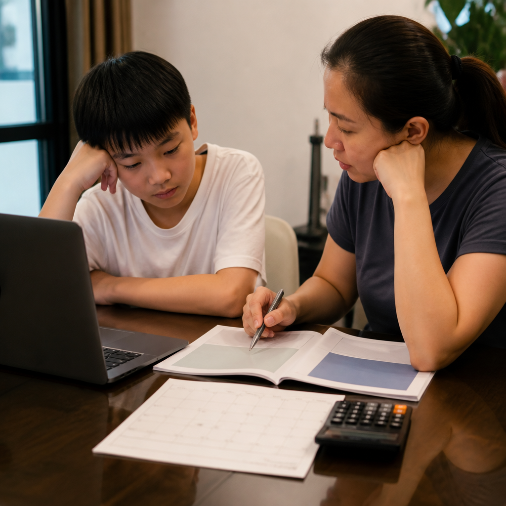 A Singapore parent and child reviewing secondary school options as they compare the IP route and O-Level pathway.