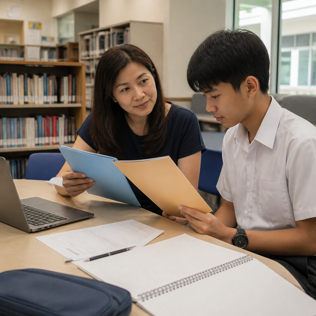 A parent and student weighing the Integrated Programme against the O-Level route in a school planning discussion.
