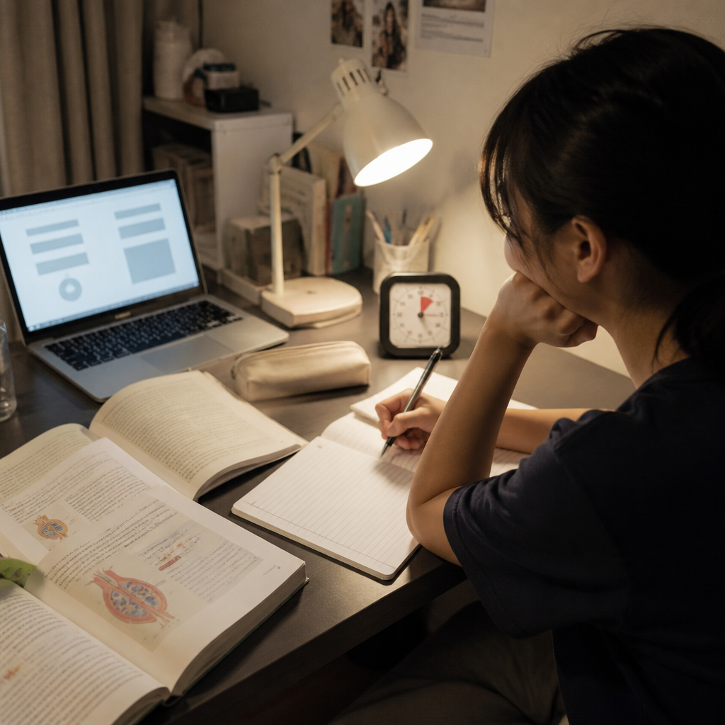 A secondary school student working through IP homework at a study desk in a Singapore home setting.